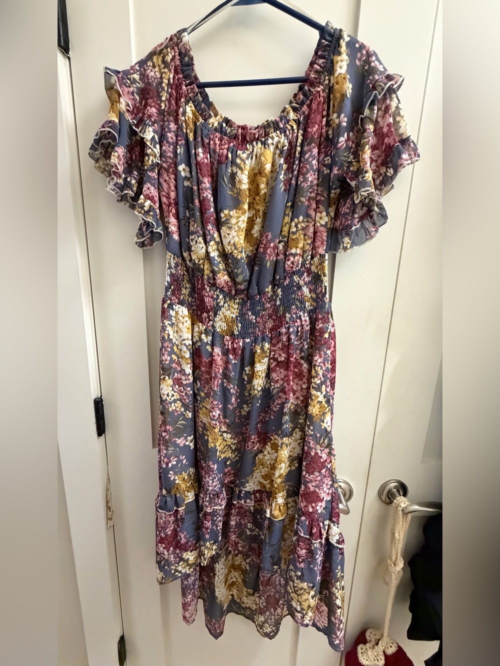 Umgee Floral High-Low Midi Dress in Blue, Pink & Mustard